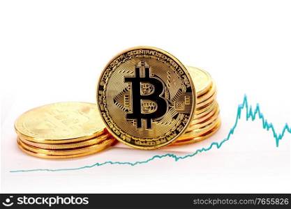 Graph chart of exchange rates of virtual money bitcoin and pile of coins, Cryptocurrency concept. Bitcoin exchange rates