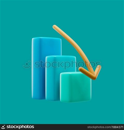 Graph icon with down arrow and colorful rectangles simple 3d render illustration on pastel background with soft shadows. Graph icon with down arrow and colorful rectangles simple 3d render illustration on pastel background.