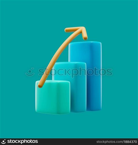 Graph icon with up arrow and colorful rectangles simple 3d render illustration on pastel background with soft shadows. Graph icon with up arrow and colorful rectangles simple 3d render illustration on pastel background.
