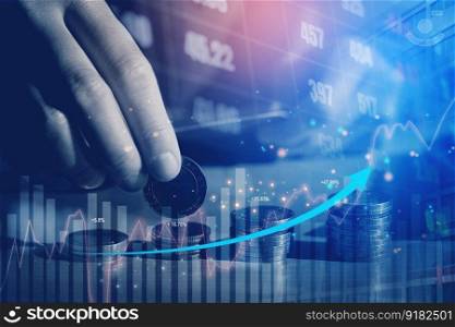 Graph on rows of coins for finance and banking on digital stock market financial exchange analyzing forex trading graph financial data. Business finance technology and investment concept