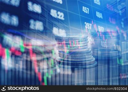 Graph on rows of coins for finance and banking on digital stock market financial exchange and Trading graph Double exposure city on the background