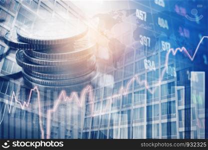 Graph on rows of coins for finance and banking on digital stock market financial exchange and Trading graph Double exposure city on the background