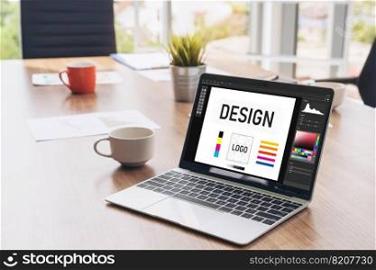 Graphic designer software for modern design of web page and commercial ads showing on the computer screen. Graphic designer software for modern design of web page and commercial ads