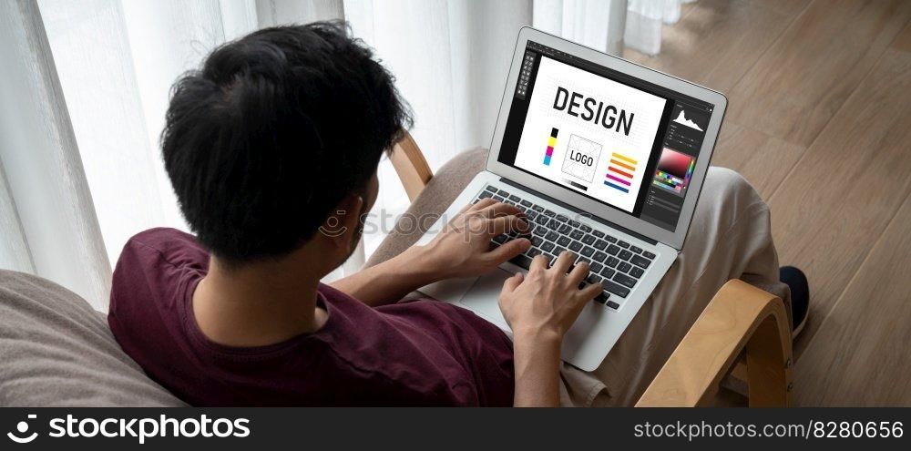 Graphic designer software for modern design of web page and commercial ads showing on the computer screen. Graphic designer software for modern design of web page and commercial ads