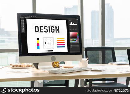 Graphic designer software for modern design of web page and commercial ads showing on the computer screen. Graphic designer software for modern design of web page and commercial ads