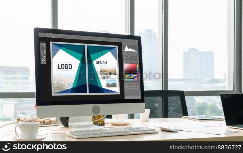 Graphic designer software for modern design of web page and commercial ads showing on the computer screen. Graphic designer software for modern design of web page and commercial ads