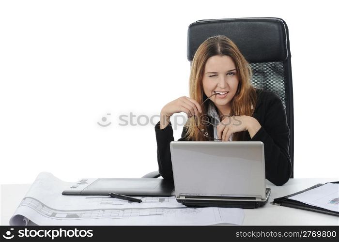 Graphic designer working using pen tablet. Isolated on white background