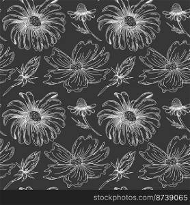 Graphic wild flowers illustration. Hand Drawn seamless pattern with outlines of cosmos and chamomile flowers.