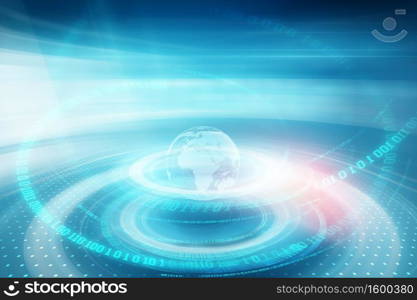 Graphical growing digital binary codes around earth globe on stage, futuristic technology background. 3d illustration 