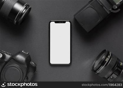 graphy concept with camera accesories smartphone middle. High resolution photo. graphy concept with camera accesories smartphone middle. High quality photo