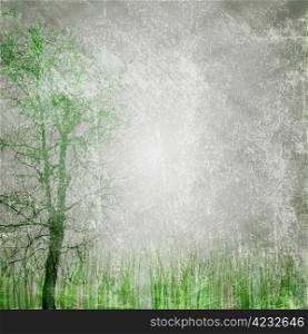 Grass and tree on grunge canvas. Vector background eps 10