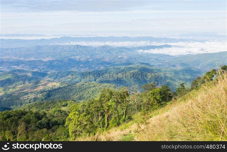 Grass Field on Mountain with Sky and Cloud at Phu Langka National Park Phayao Thailand. Landscape mountain or hill at Lan Hin Lan Pee view point Phu Langka national park Phayao Northern Thailand travel