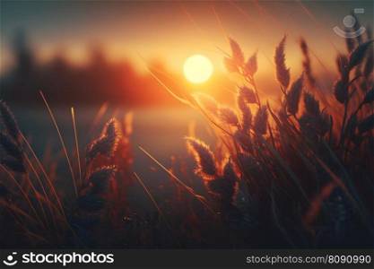 Grass filled with dew on a sunrise morning. Neural network AI generated art. Grass filled with dew on a sunrise morning. Neural network AI generated
