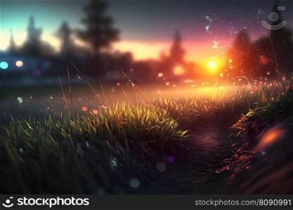 Grass filled with dew on a sunrise morning. Neural network AI generated art. Grass filled with dew on a sunrise morning. Neural network AI generated