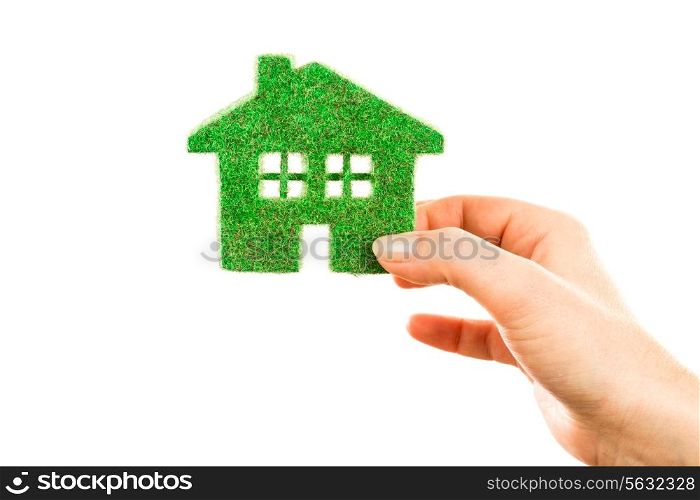 Grass home isolated on white background in human hands