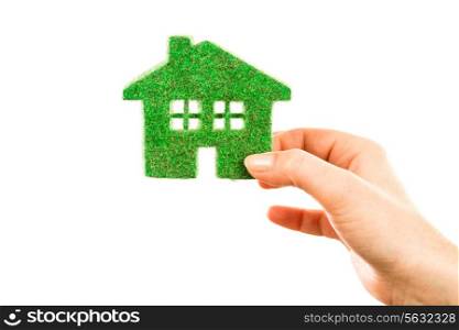 Grass home isolated on white background in human hands