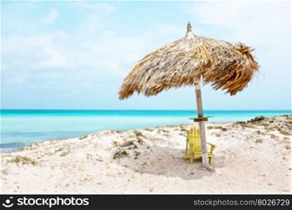 Grass umbrella at the beach on Aruba island in the Caribbean