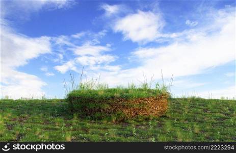 Grassy podium with blue clear sky background for product advertising. Nature and object concept. 3D illustration rendering