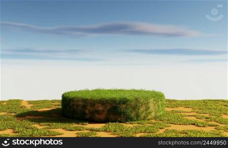 Grassy podium with cloudy blue sky background. Nature and abstract object for product presentation advertising concept. 3D illustration rendering