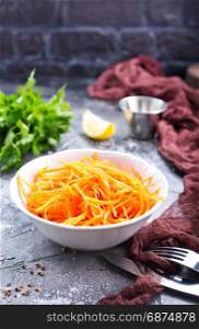 grated carrot in bowl and on a table