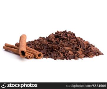 grated chocolate and cinnamon isolated on white background