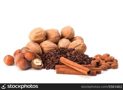 grated chocolate and nuts isolated on white background