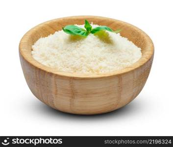 grated Parmesan cheese in wooden bowl isolated on white background. grated Parmesan cheese in wooden bowl on white background
