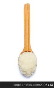 grated Parmesan cheese in wooden spoon isolated on white background. grated Parmesan cheese in wooden spoon on white background