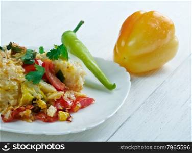 Gratin with pasta, beaten eggs, and vegetables