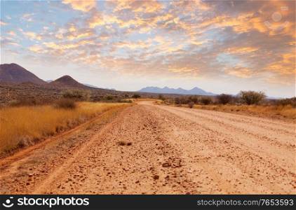 Gravel road in african bush, Namibia