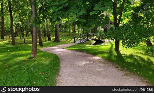 Gravel walking trail through forest, hiking trail, nature walk concept, green trees, plants on either side of pathway. Well maintained footpath through natural surroundings. Gravel path in green summer forest leading to a wooden bridge