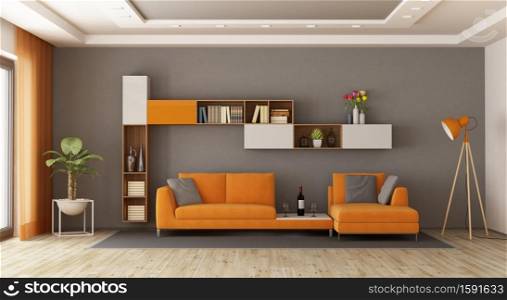 Gray and orange living room with sofa and bookcase - 3d rendering. Gray and orange living room