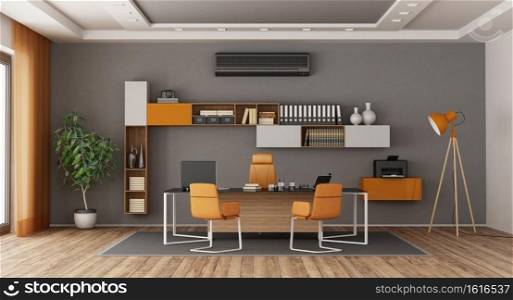 Gray and orange modern office with desk,office chairs , bookcase and air conditioner - 3d rendering. Gray and orange modern office