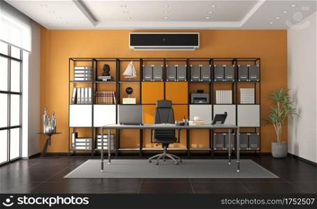 Gray and orange modern office with minimalist desk and large bookcase on background - 3d rendering. Gray and orange modern office