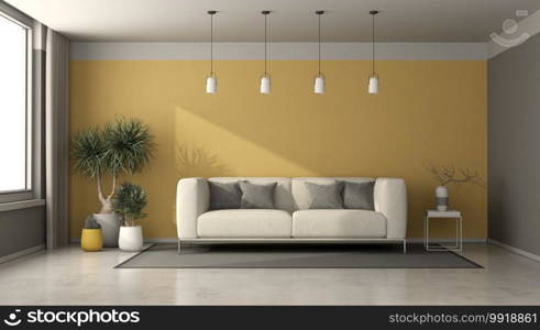 Gray and yellow living room with modern sofa,coffee table and houseplants - 3d rendering. Gray and yellow living room with modern sofa