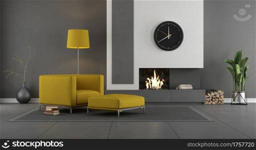 Gray and yellow modern living room with fireplace and armchair - 3d rendering. Gray and yellow modern living room with fireplace