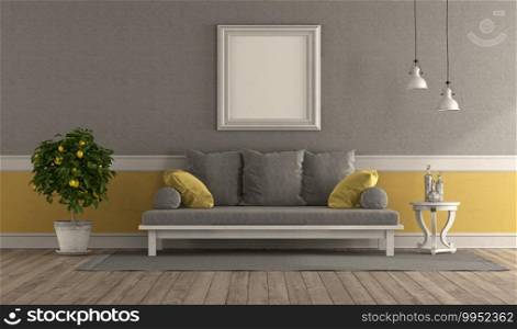 Gray and yellow retro living room with sofa and blank picture frame - 3d rendering. Gray and yellow retro living room