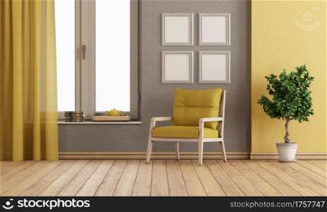 Gray and yellow room with armchair and large window - 3d rendering. Gray and yellow room with armchair on hardwood floor
