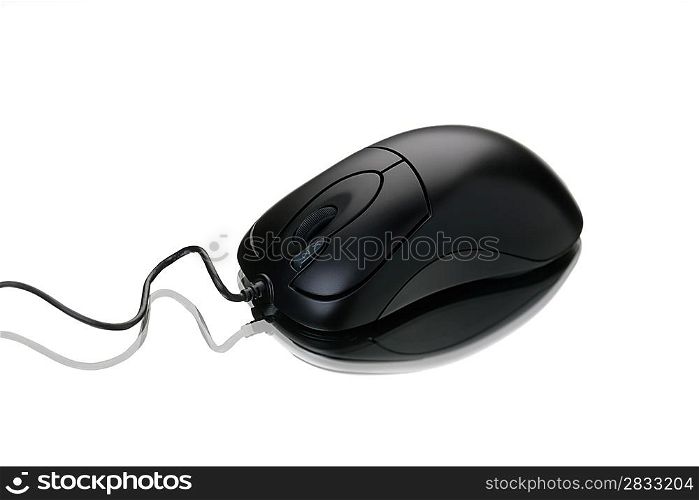 gray computer mouse with cable and reflection, on white background