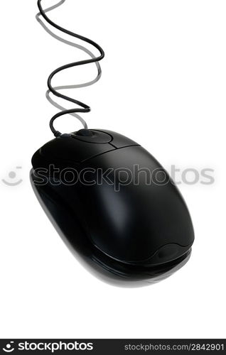 gray computer mouse with cable and reflection, on white background