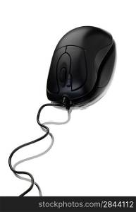 gray computer mouse with cable and reflection, on white background