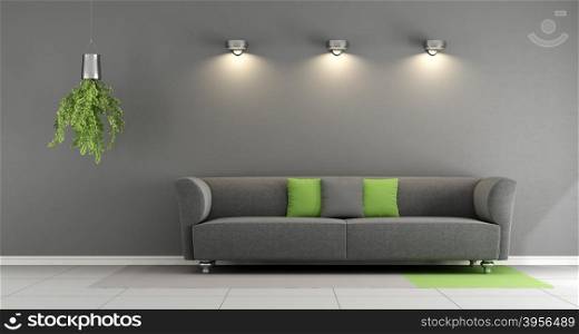 Gray contemporary living room. Gray contemporary living room with sofa and spotlight on wall - 3d Rendering