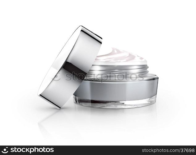 Gray cosmetic jar and cream on white background
