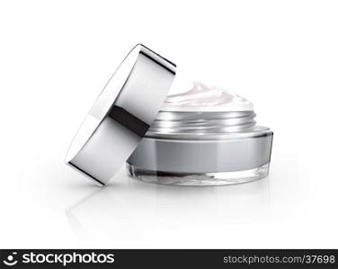 Gray cosmetic jar and cream on white background