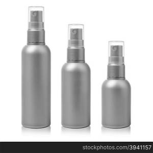 Gray cosmetic spray bottles set isolated on white background