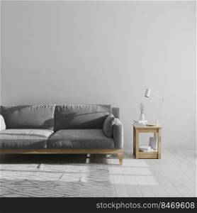 gray living room interior mock up, scandinavian style living room interior background, minimalist room with grey sofa, 3d rendering