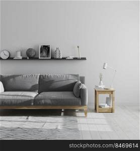 gray living room interior mock up, scandinavian style living room interior background, minimalist room with grey sofa, 3d rendering
