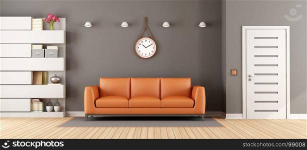 Gray living room with orange sofa. Gray living room with orange sofa, white bookcase and closed door- 3d rendering