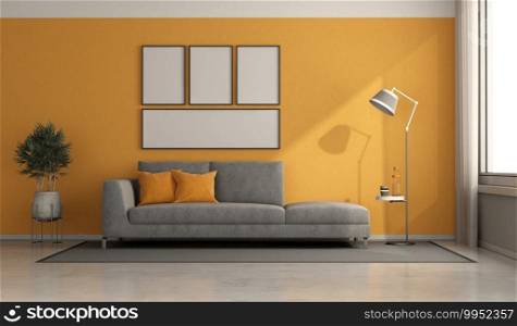Gray modern sofa in a minimalist room with oranges walls - 3d renderimg. Gray and orange modern living room