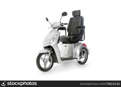 gray motorised scooter for elderly people in studio with white background